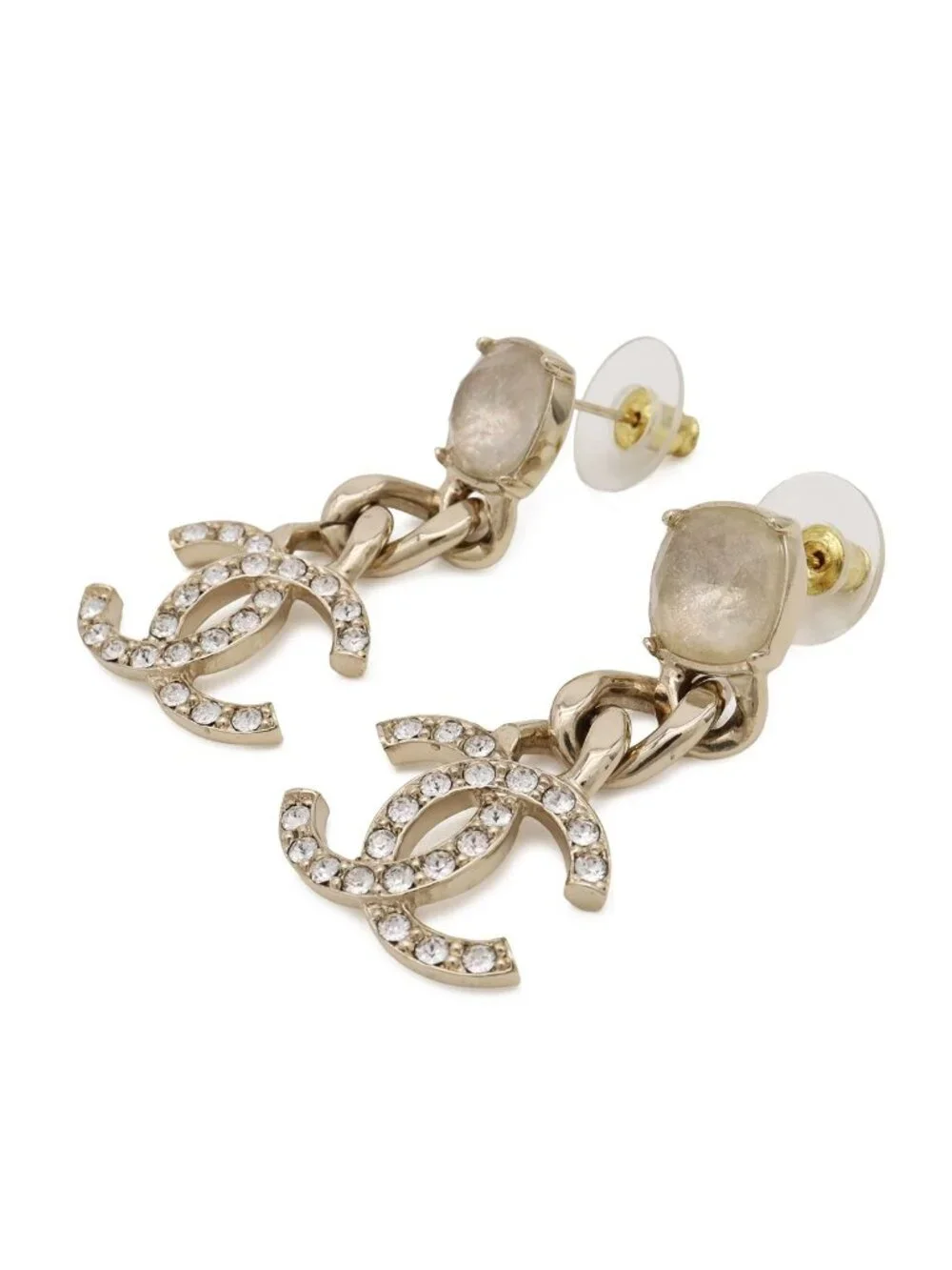 Chanel CC Logo Chain Swing Earrings Crystal Rhinestone Gold
